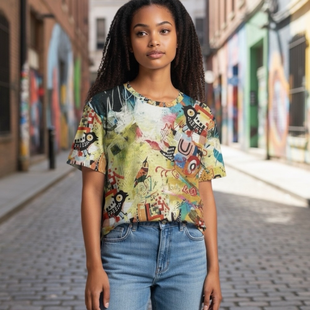 Inoah Made in USA Abstract Art Bird Print Tunic Top Shirt Medium
